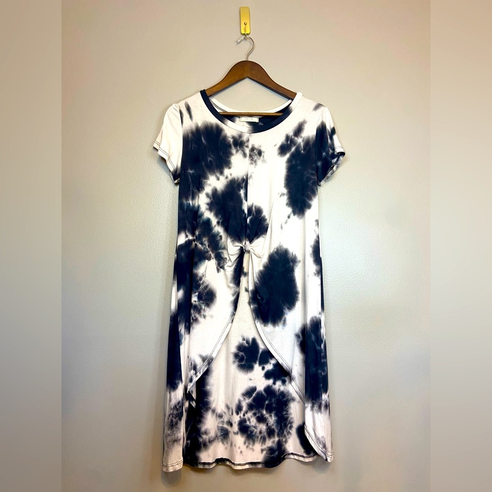ARAN'S DEN Lagenlook Tunic Top Long Shirt Dress Tie Dye Black White Short Sleeve - Picture 2 of 13